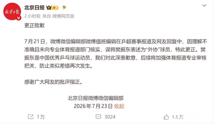 北京日报就误将樊振东称作“外协”球员致歉：系理解不准确