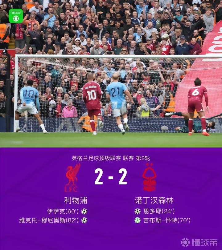 利物浦2-2诺丁汉森林再度平局,吉布斯-怀特传射,穆尼奥斯破门